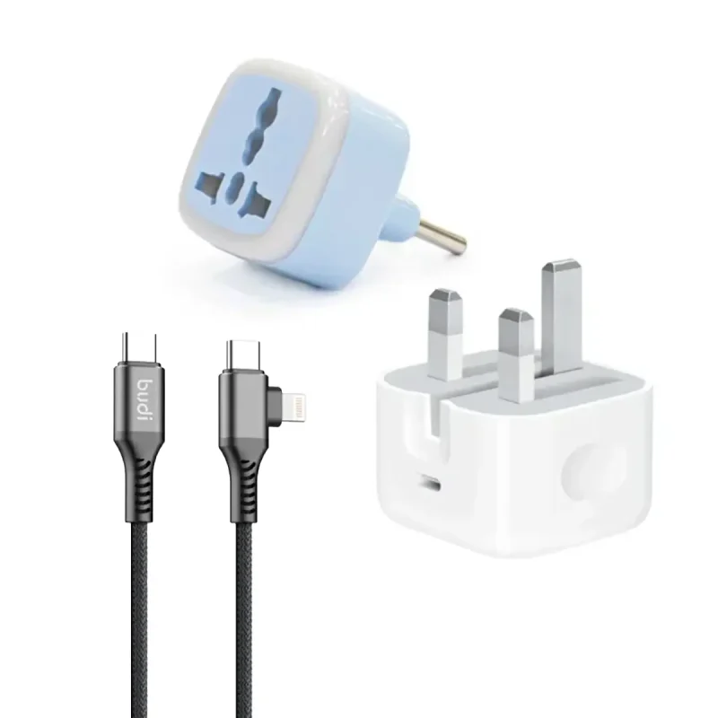 شارژر اپل 20 واتی مدل سه شاخه‌ + تبدیل برق 3 به 2 هادرون مدل A10-1 + کابل تبدیل USB-C و Lightning بودی مدل DC253TTL12B 2