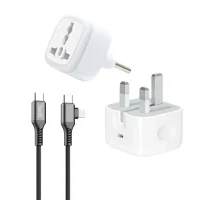 شارژر اپل 20 واتی مدل سه شاخه‌ + تبدیل برق 3 به 2 هادرون مدل A10-1 + کابل تبدیل USB-C و Lightning بودی مدل DC253TTL12B - زرد, 6 ماه گارانتی شرکتی