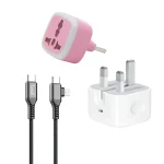 شارژر اپل 20 واتی مدل سه شاخه‌ + تبدیل برق 3 به 2 هادرون مدل A10-1 + کابل تبدیل USB-C و Lightning بودی مدل DC253TTL12B 3