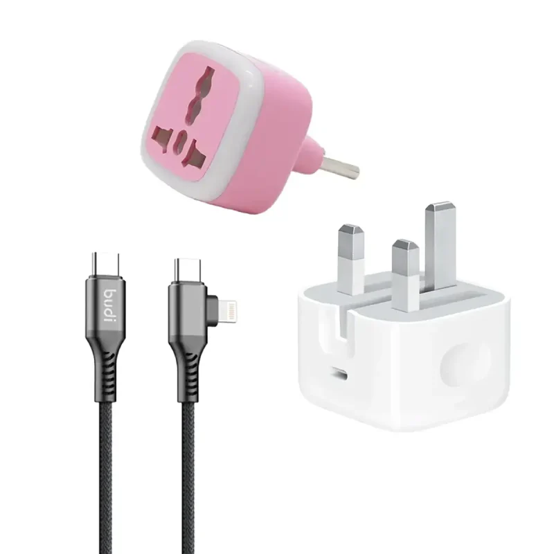 شارژر اپل 20 واتی مدل سه شاخه‌ + تبدیل برق 3 به 2 هادرون مدل A10-1 + کابل تبدیل USB-C و Lightning بودی مدل DC253TTL12B 3