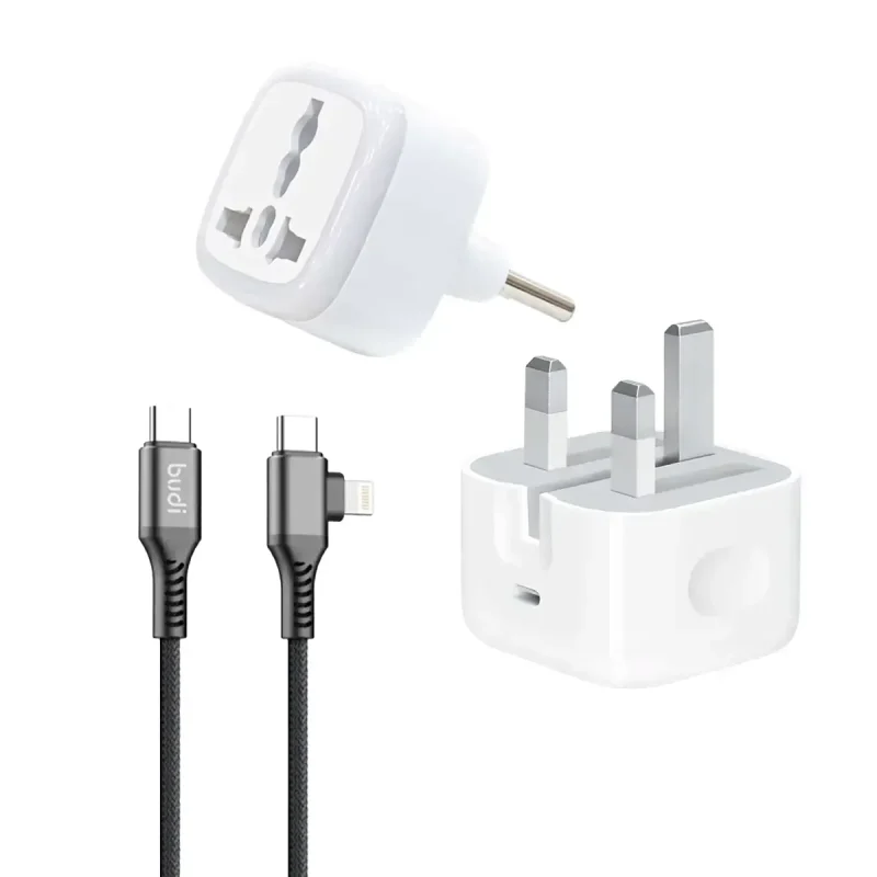 شارژر اپل 20 واتی مدل سه شاخه‌ + تبدیل برق 3 به 2 هادرون مدل A10-1 + کابل تبدیل USB-C و Lightning بودی مدل DC253TTL12B - زرد, 6 ماه گارانتی شرکتی